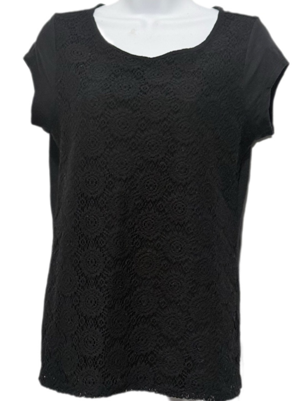 Liz Claiborne Black Embroidered Lace Overlay Short Sleeve Top Blouse Size S EUC